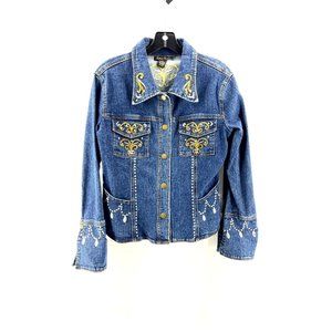 Patti LaBelle Women's Embroidered Rhinestone Denim Jean Jacket Size Small